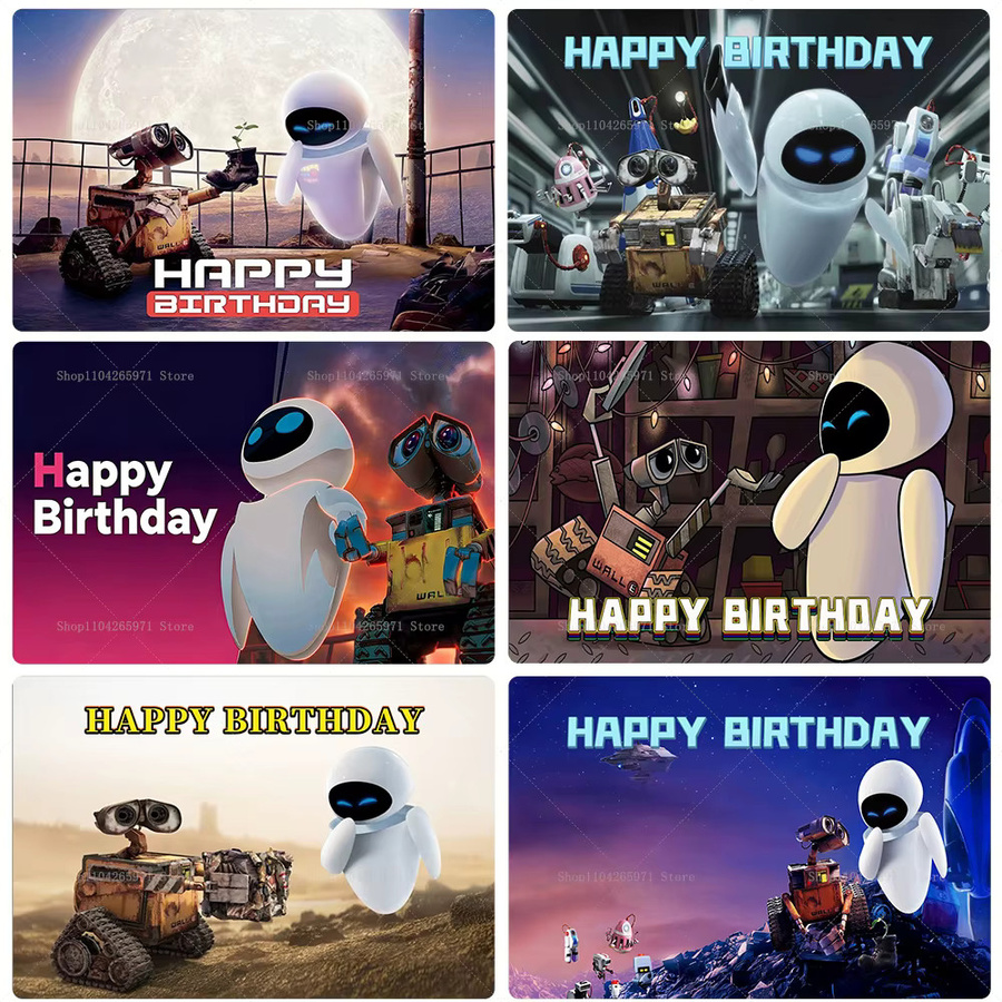 Disney WALL-E und Eve Fotohintergrund für Kindergeburtstage und Babypartys, Cartoon Roboter Weltraum Illustration, Mehrfarbig - Bild 3