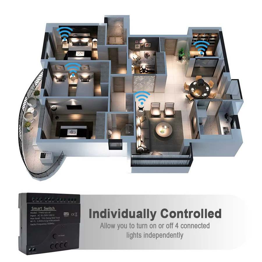 Tuya Smart Wifi Schalter Modul 4 Kanäle mit RF433 App Fernbedienung und Alexa Google Home Kompatibilität Schwarz - Bild 2