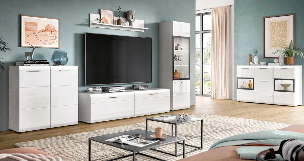 Wohnwand Inn.Furn in Weiß Hochglanz mit Vitrine, Lowboard und Regalen, Breite: 315 cm, Höhe: 160 cm - Bild 3