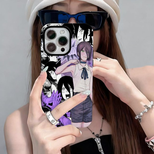 Anime Kettensäge Mann Handyhülle für iPhone 17 16 15 14 13 12 Pro Max Plus mit glänzendem HD Doppel-Schicht Flüssigkeits-Design in Weiß und Multicolour - Bild 1