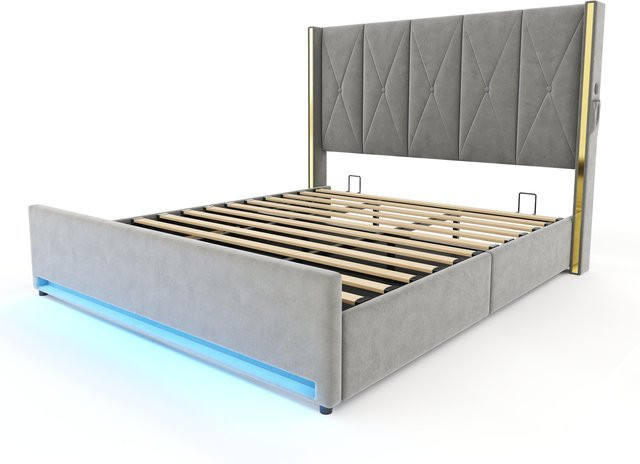 GOMYWAY Home Veloursbett mit gepolstertem Kopfteil, USB-Ladeport, Nachttischregal und Unterbettbeleuchtung, Grau, H x B x T: 141 x 190 x 213 cm - Bild 1