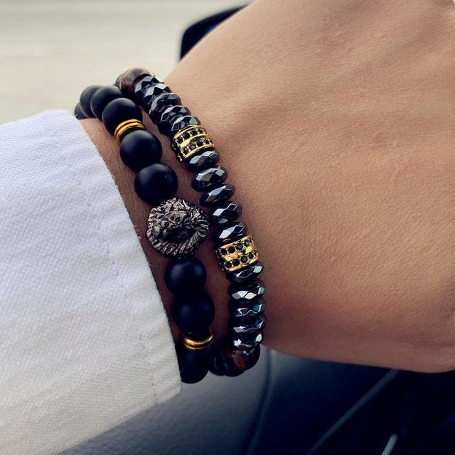 Wucifang Jewelry Armband, 2-teiliger Satz, Messing, Schwarz, Zirkonia, Perle, Herren - Bild 1
