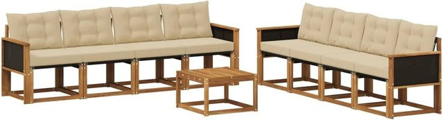 vidaXL Outdoor-Sofagarnitur aus massivem Akazienholz mit Textilene und 9 Kissen in Natur-Beige - Bild 1