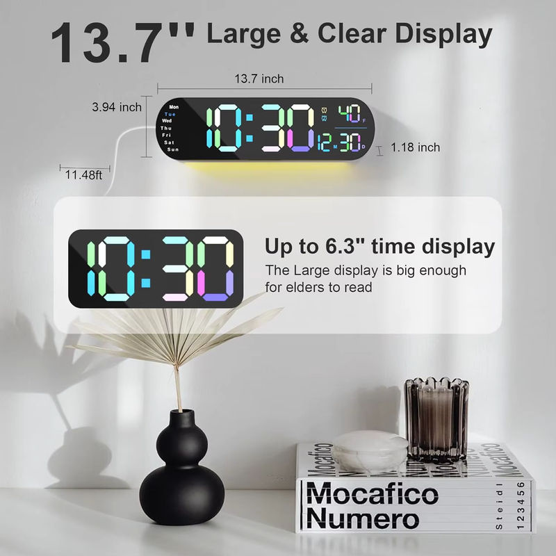 Digitale Wanduhr mit großem 34,8 cm Display, RGB-Farbwechsel und Fernbedienung, Wandmontage, Datum und Wochentag, Schwarz oder Blau - Bild 2
