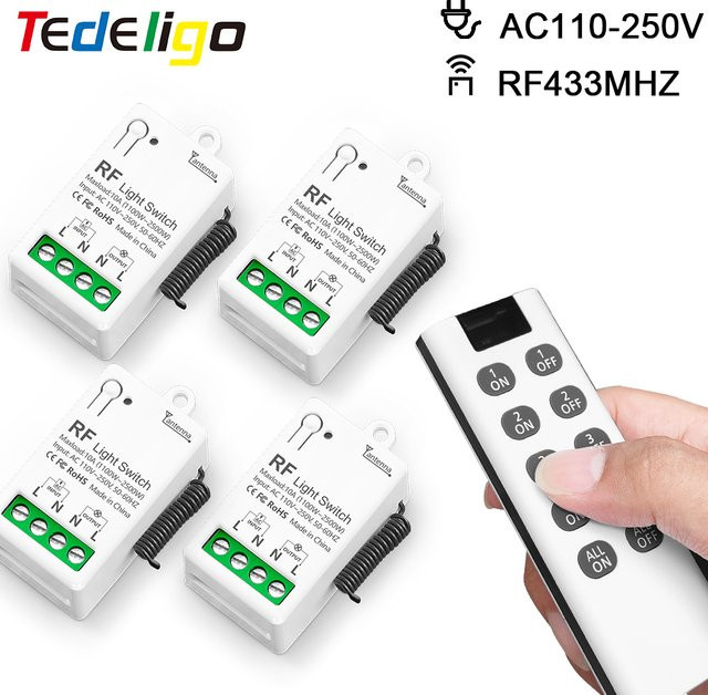 Tedeligo Drahtloser Lichtschalter mit RF-Handfernbedienung 433MHz, Mini-Relaisempfänger für LED-Deckenleuchten und Ventilatoren, Farbe: Weiß - Bild 1