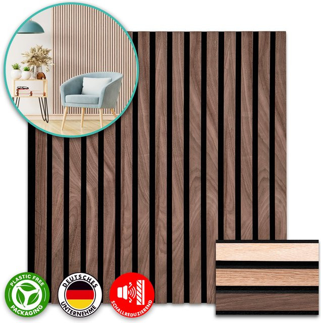 FLOORDIREKT Akustikpaneele in Black Walnut mit Echtholzfurnier und Lamellenstruktur, Farbe: Schwarz/Braun - Bild 1