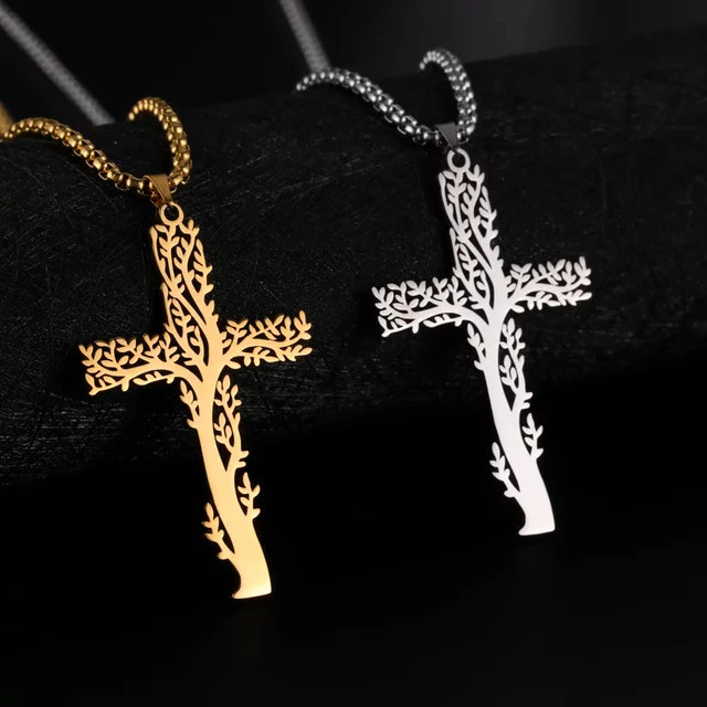 Skyrim Halskette Kreuz Baum, Edelstahl, schwarz, Unisex, Vintage - Bild 1