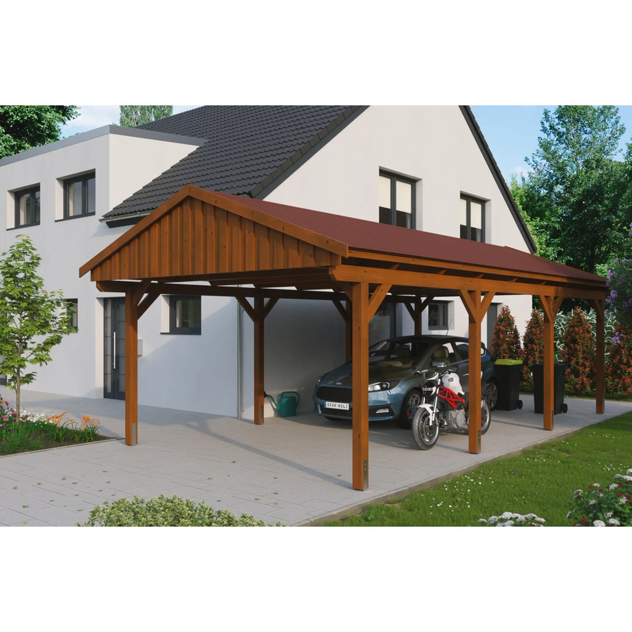 Skan Holz Carport Fichtelberg aus Fichte in Braun mit spitzer Dachform und Dachschindeln, B: 423 cm, H: 326 cm - Bild 2