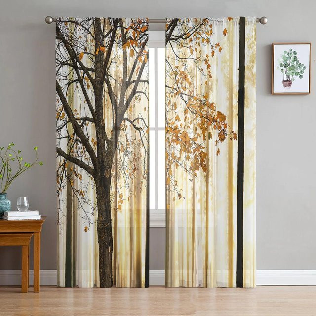 Yiran Furniture Transparenter Vorhang mit Herbst Ahorn Blättern in Organza-Optik, B: 135 cm, H: 160 cm - Bild 1