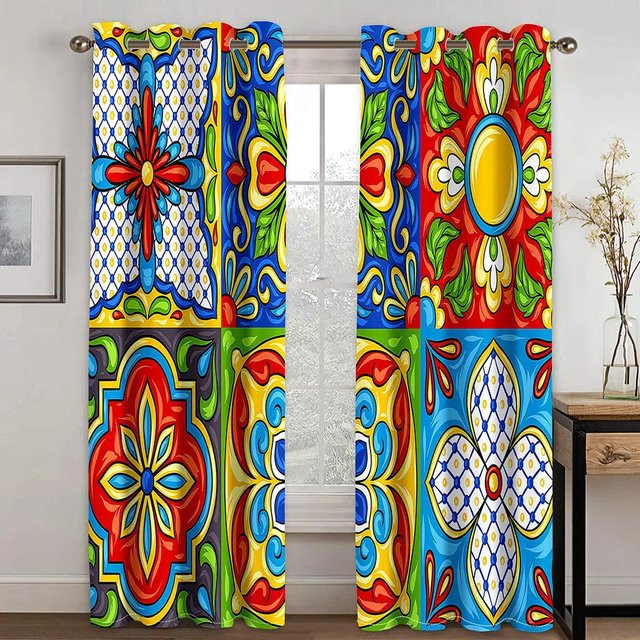 Yiran Furniture Boho-Vorhang aus Polyester mit Grafikdruck, halbtransparent, Mehrfarbig, B: 50 cm, H: 130 cm, 2er-Set mit Ösen - Bild 1