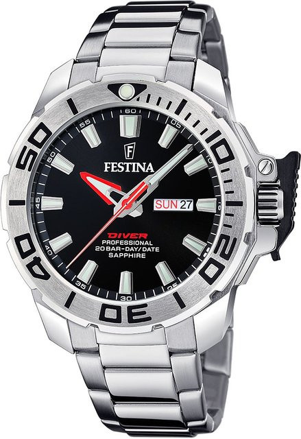 Festina Herrenuhr, Taucheruhr, Quarz, Edelstahl, Schwarz, 46 mm, 20 ATM - Bild 1