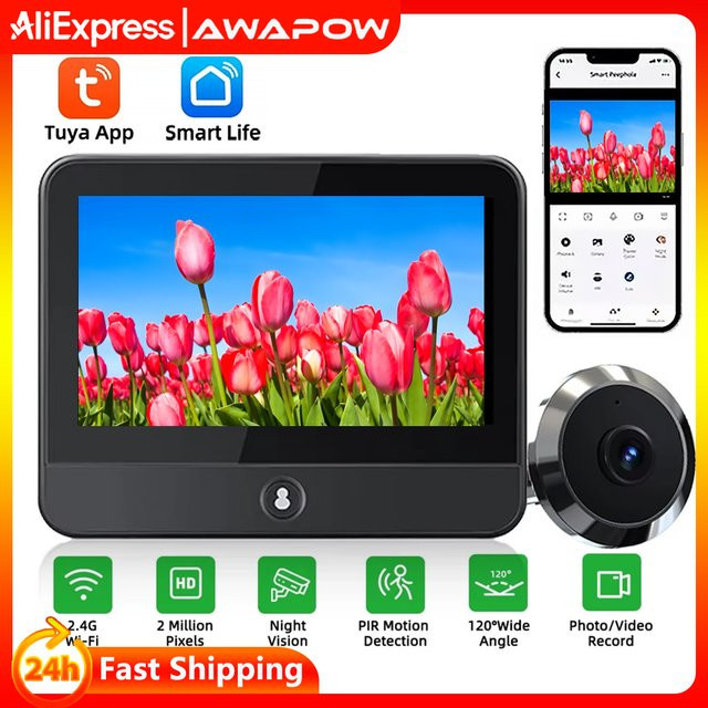 Awapow Tuya Smart Radar Türspion Kamera mit 2MP Auflösung, Wifi Video Türklingel und PIR Bewegungserkennung - Bild 1