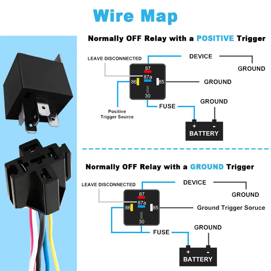 AOKIN 12V 5-Pin 40A Auto-Relais mit SPDT-Kabelbaumsockeln und farblich beschrifteten Drähten für Automotive, LKW, Van, Motorrad und Boot, wasserdicht - Bild 5
