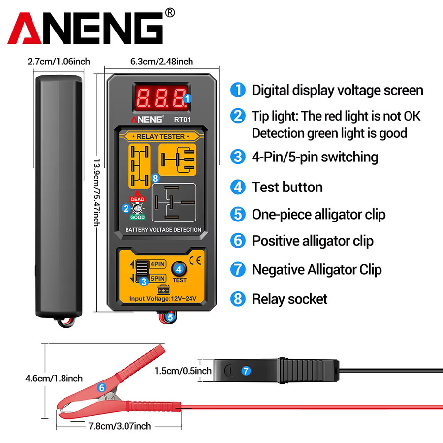 ANENG RT01 Digitaler Relais-Detektor und Batterietester für Fahrzeuge, 11–25 V, Schwarz - Bild 5