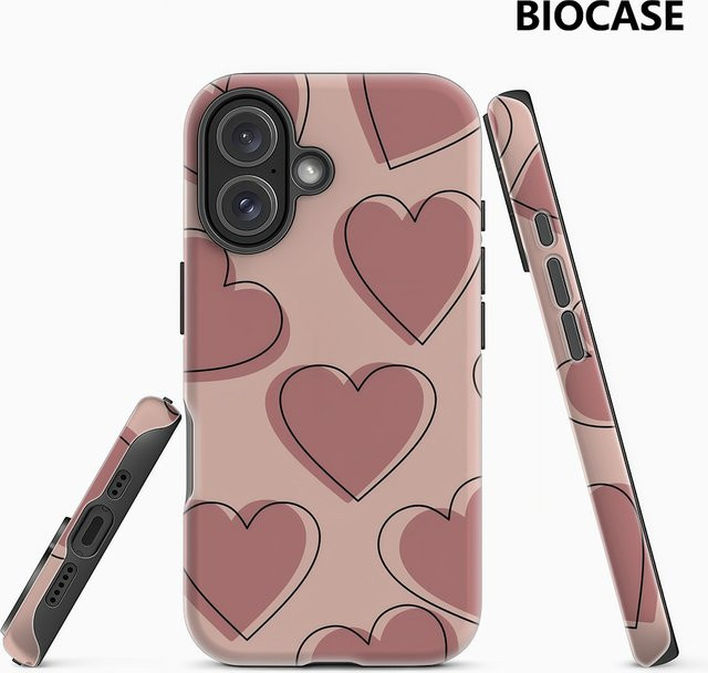 Pink Heart Outlines Handyhülle für Apple iPhone 17 16 15 14 13 12 11 Pro Max Plus mit doppelschichtiger Rückseite in Pink - Bild 1