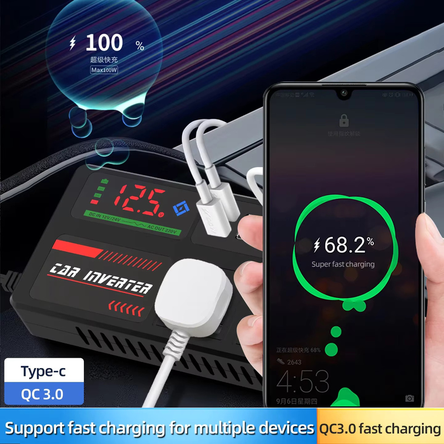 Kebidumei Tragbarer Auto-Wechselrichter 12V auf 110V und 24V auf 220V Steckdosenadapter mit 4 USB-Anschlüssen für Auto LKW SUV und Wohnmobil in Schwarz - Bild 2