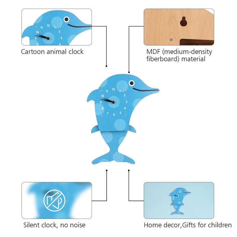 Tooarts Cartoon-Tieruhr mit schwingendem Delfin, geräuschlose Wanduhr aus Holz für das Kinderzimmer, Blau, B: 38 cm, H: 26,5 cm, T: 5,5 cm - Bild 2