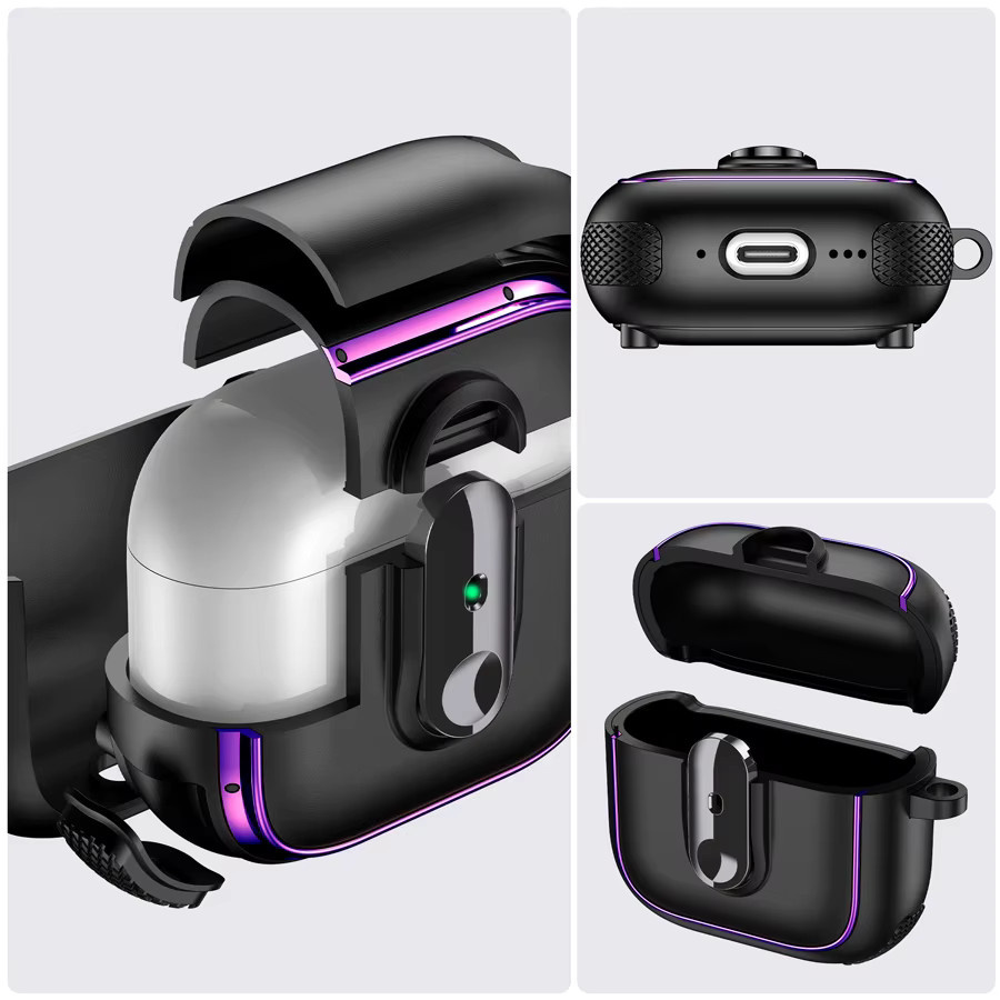 Schutzhülle für Apple AirPods 4, 3, 2 und Pro 3 mit Rüstungsverriegelungsverschluss und magnetischem Schutz in Lila mit gelben und schwarzen Streifen - Bild 3
