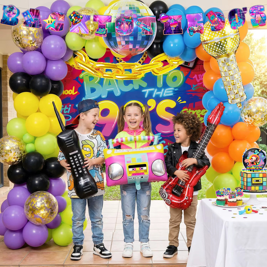 Potdemiel 128-teiliges 90er-Jahre Geburtstags-Dekorationsset in Multicolour mit Party-Banner, Luftballons, Kuchendekoration, Tellern und Servietten aus Papier im Retro-Stil - Bild 5