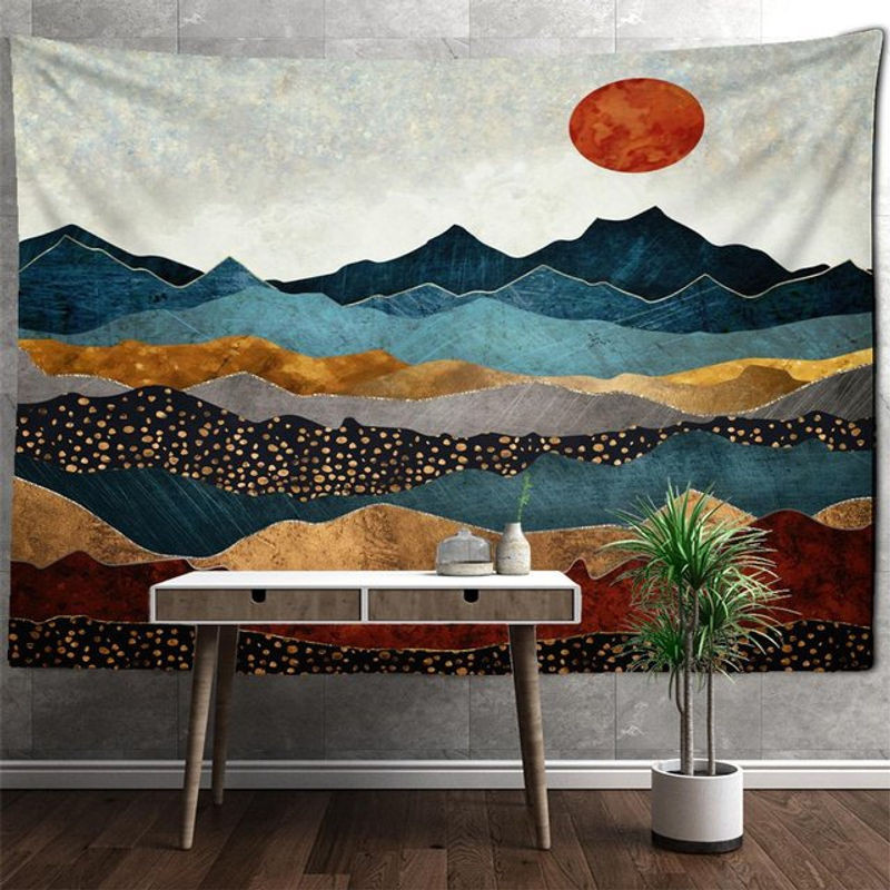 Wandbehang Super Six mit Berg- und Flusslandschaft im Bohemian Retro Stil, mehrfarbig, Textil, Breite: 400 cm, Höhe: 220 cm - Bild 1