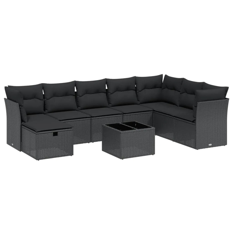 vidaXL 9-tlg. Garten-Sofagarnitur in L-Form mit Polsterkissen und Couchtisch, Schwarz, Poly-Rattan und Metallrahmen - Bild 2