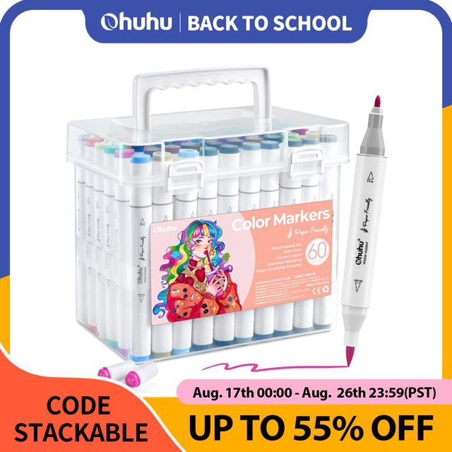 Ohuhu Marker Set mit 60 Farben, Dual-Tip Kunstmarker mit Pinsel- und Fineliner-Spitze, wasserbasierte Malmarker für Malbücher und Kunstprojekte, Mehrfarbig - Bild 1