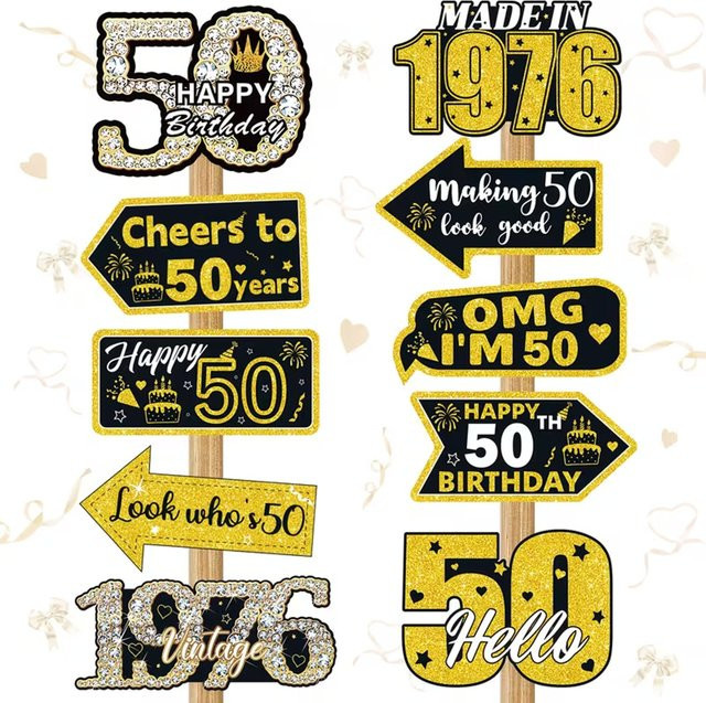 AFYPRTY 10-teiliges 50. Geburtstag Dekorations-Set in Schwarz-Gold im Vintage-Stil mit Foto-Requisiten aus Papier für deine Geburtstagsfeier - Bild 1