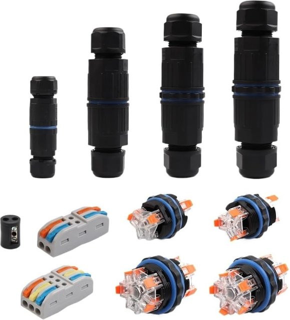 AOKIN KVSF-15 IP68 wasserdichter Kabelstecker in Schwarz mit 2 Eingängen und 2 Ausgängen als elektrischer Anschlussadapter für 2/3/4/5 Pin Verbindungen - Bild 1