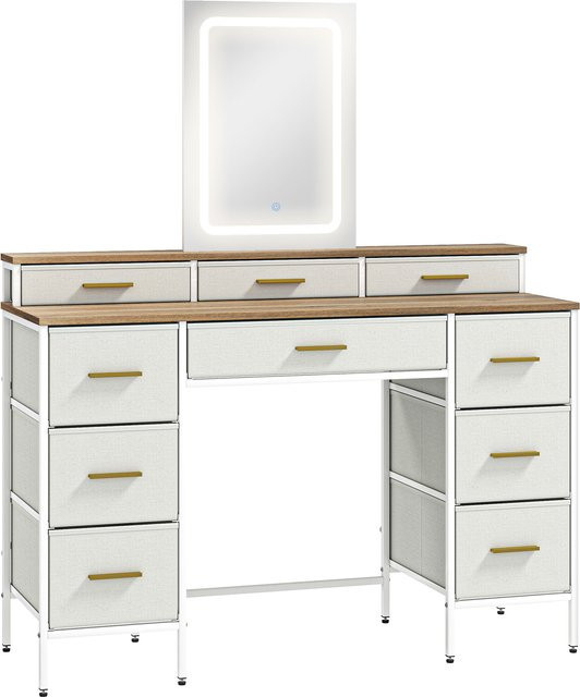 HOMCOM Schminktisch mit Spiegel und 3-farbiger LED-Beleuchtung in Naturholzoptik mit 10 Stoffschubladen und Stahlbeinen, B/T/H: 118,5 x 39,5 x 140 cm - Bild 1