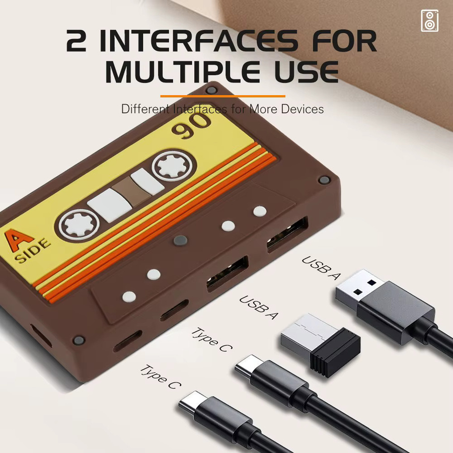 FocusOnPC Retro Kassetten USB-C-Hub 4-Port mit 2 USB-A und 2 USB-C Anschlüssen USB 2.0 Datenübertragungsadapter für Laptop und PC - Bild 2