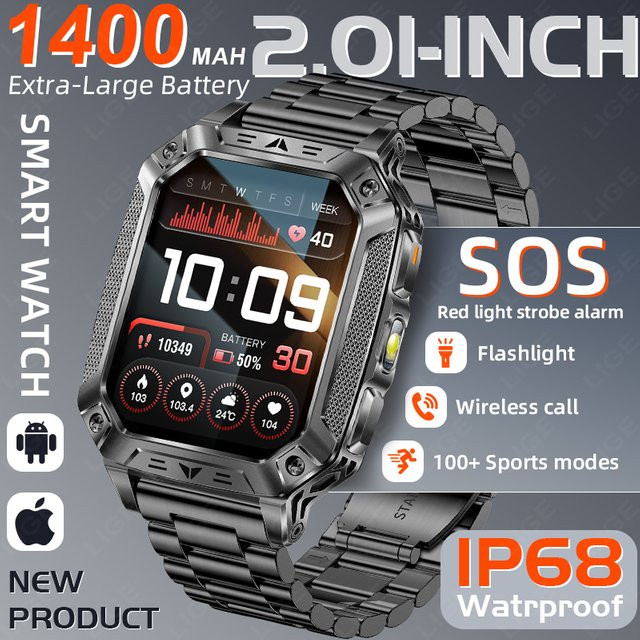 LIGE Smartwatch mit 1400mAh Akku, IP68 wasserfest, Sport-Fitness-Tracker für Herren mit Sprachanruf, SOS-Funktion und Taschenlampe, Farbe: Schwarz - Bild 1