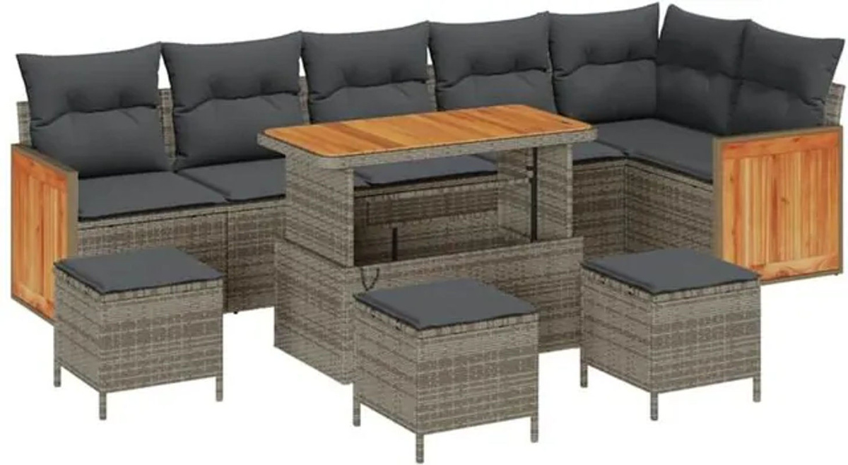 Vidaxl Garten-Sofa-Set aus Polyrattan und Akazie in Grau, 10-teiliges modulares Loungemöbel-Set mit Fußhocker, B/T/H: 110 x 55 x 71 cm - Bild 1