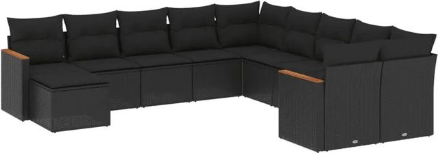 vidaXL 11-tlg Garten-Sofagarnitur in U-Form aus Polyrattan und Akazienholz mit Kissen in Schwarz - Bild 1