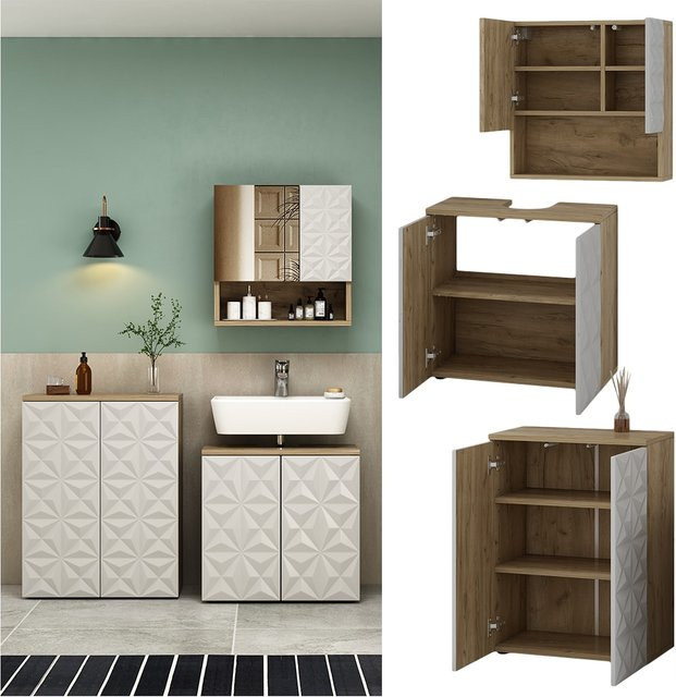 Vicco Badmöbel-Set Edge in Weiß und Eiche bestehend aus 3 Teilen inklusive Spiegelschrank, Waschbeckenunterschrank und Badezimmerkommode - Bild 1
