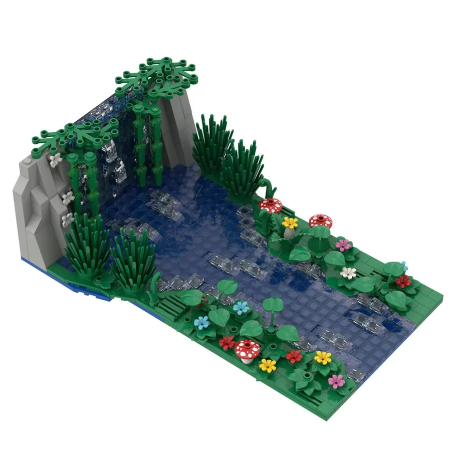 Stemedu MOC Bausteine Set Wasserfall mit Teich, Pilzen und Blumen, 647 Teile, Mehrfarbig - Bild 2