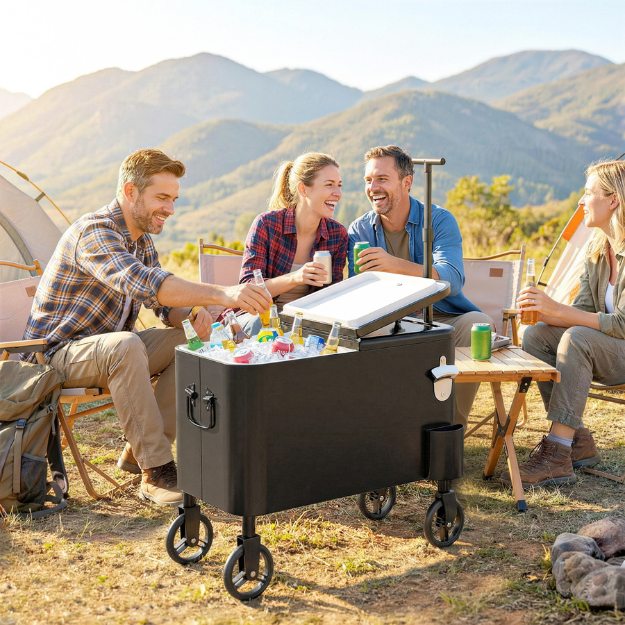 Outsunny Kühlwagen Schwarz mit 56 l Fassungsvermögen, Rollen, höhenverstellbarem Griff, Flaschenöffner und Ablauf, H x B x T: 120 x 75 x 35 cm - Bild 2