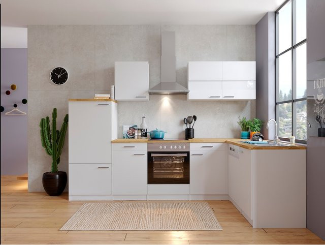 Respekta Winkelküche KBL280WSCG in Weiß mit Nussbaum-Optik, modernes Design mit Soft-Close-Türen und Glaselementen, Breite: 280 cm, Tiefe: 54 cm - Bild 1