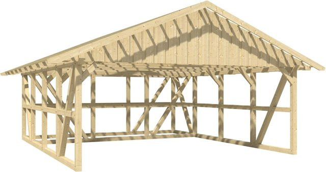 Skan Holz Carport Schwarzwald aus Fichtenholz mit Satteldach, Dachlattung und Abstellraum in Natur/Braun, B: 684 cm, T: 772 cm - Bild 1