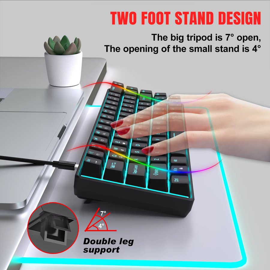 HXSJ Mechanische 68-Tasten-Tastatur in Schwarz mit Hintergrundbeleuchtung, zweifarbigen Tastenkappen und abnehmbarem USB-C-Kabel - Bild 5