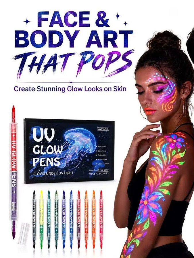 UV-Doppelspitzen-Leuchtmarker in Multicolour für Schwarzlicht-reaktive Körperkunst und DIY-Handwerk, abwaschbare fluoreszierende Textmarker - Bild 5