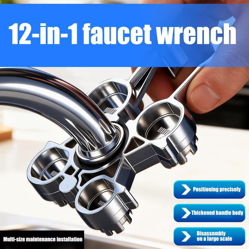 NIUXIANG 12-in-1 Wasserhahn-Belüfter-Schraubenschlüssel aus Metall in Silber mit ergonomischem Griff für Sanitärarmaturen - Bild 4