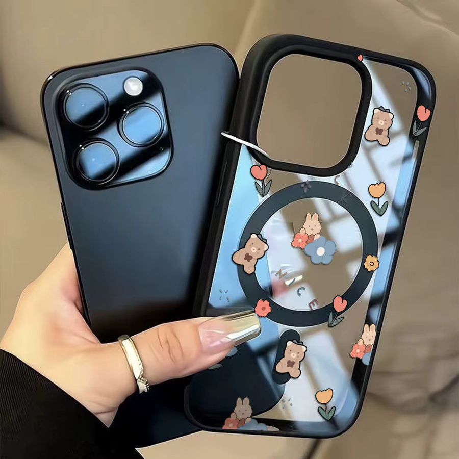 Magnetische Handyhülle mit Blumenbär Design für iPhone 11 bis iPhone 17 Pro Max, matte transparente Abdeckung mit kabelloser Ladefunktion und Stoßschutz - Bild 2