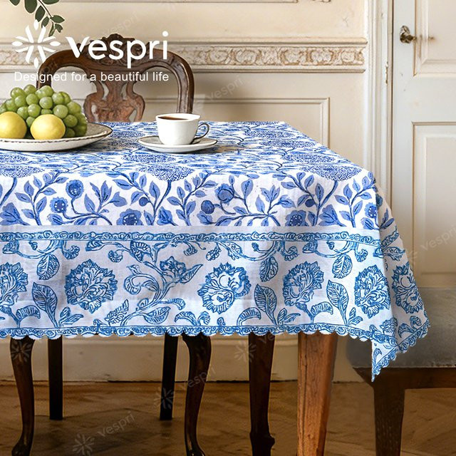 Vespri Frühlingstischdecke mit Blumenmuster in Blau-Weiß für Ostern und Partys, Landhausstil, Durchmesser: 152,4 cm - Bild 1