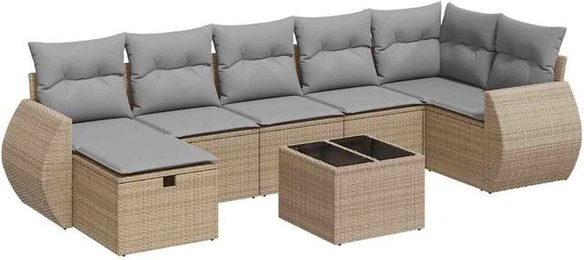 vidaXL 8-teilige Garten-Sofagarnitur in L-Form aus Poly Rattan mit Kissen und Ottoman in Beige - Bild 1