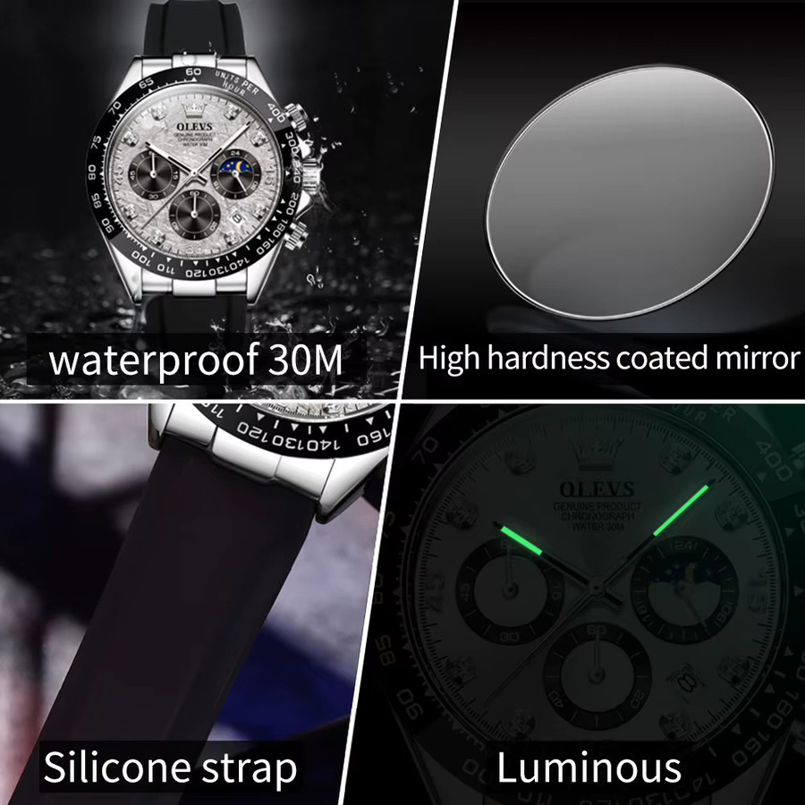 OLEVS Chronograph, Quarz, Silikonarmband, Silber, Herren - Bild 5