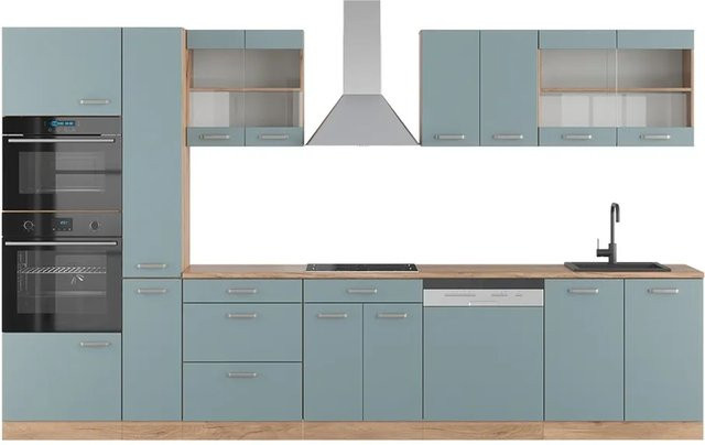 Vicco R-Line Küchenzeile Blau-Grau/Goldkraft Eiche mit Hochschrank Breite: 350 cm - Bild 1