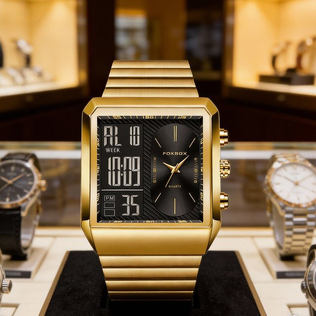 FOXBOX Digitaluhr, Quarz, Edelstahl, Gold, Schwarz, Herren - Bild 1