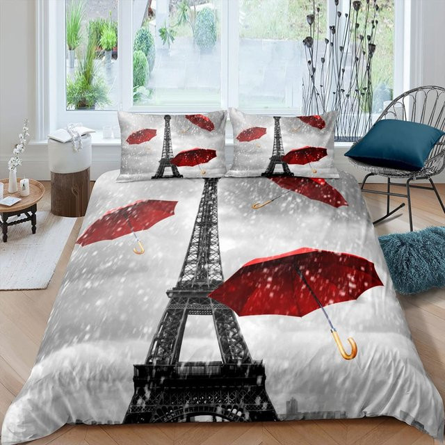 Bettwäsche-Set Your Warm Home Eiffelturm Design in Grau mit Bettbezug und Kissenbezügen aus Polyester, Queen-Size, Breite: 133 cm, Höhe: 70 cm - Bild 1