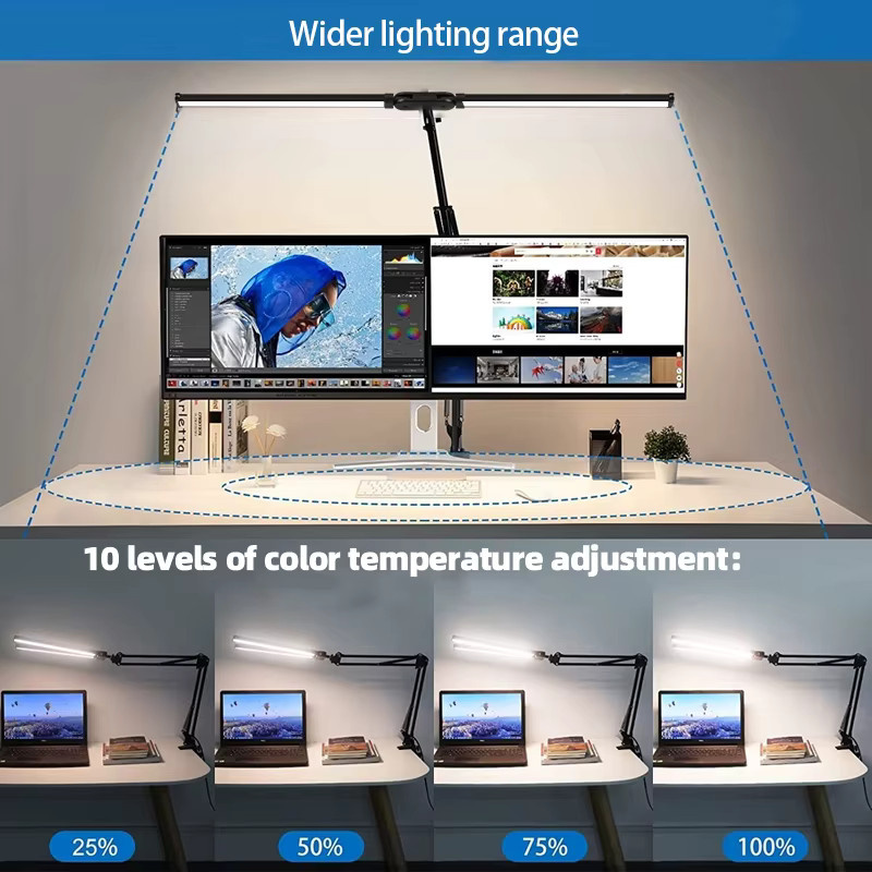 CANMEIJIA Doppelkopf-LED-Schreibtischlampe in Schwarz, stufenlos dimmbar per Touch, USB-Tischlampe für Büro und Studium - Bild 3