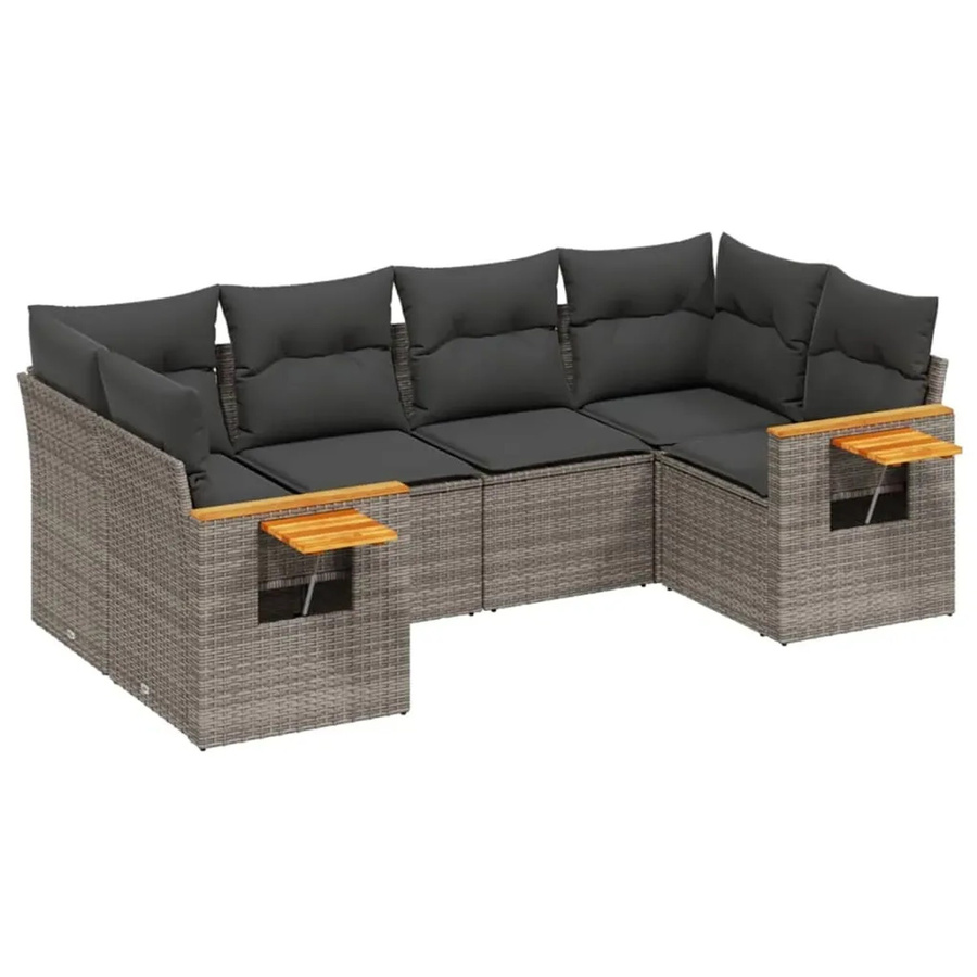vidaXL 6-tlg. Garten-Sofagarnitur in L-Form aus Poly-Rattan und Akazienholz mit Kissen in Grau - Bild 2